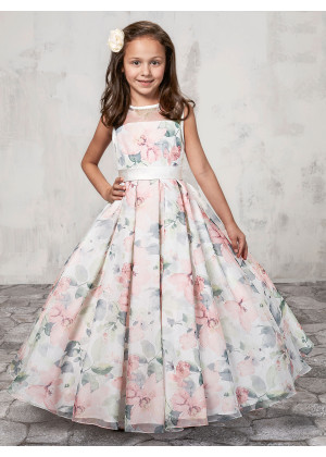 Floral Print Organza Box Pleated Flower Girl Dress